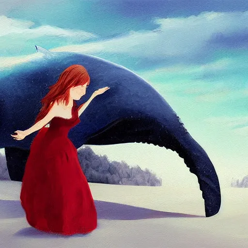 Image similar to a portrait of a red headed young woman hugging a whale in a scenic environment, digital art by Bowater Charlie