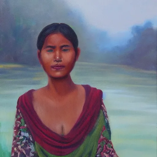 Image similar to oil painting of nepali village girl in her 2 0 s, bathing in a river, early foggy morning