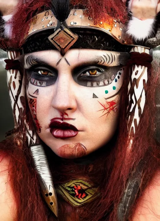 Prompt: hyper realistic photography portrait of pagan medieval tribal festival warrior curvy partygirl face cinematic, julie bell,