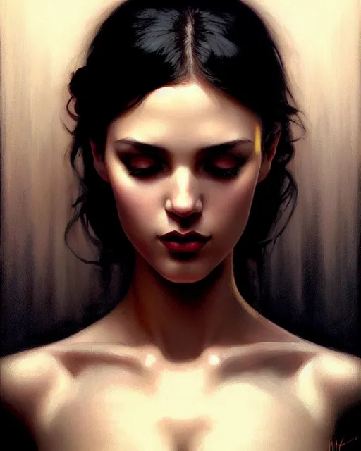 Image similar to stylized portrait of an artistic pose, composition, dark sensual mysterious young lady, cinematic moody colors, one single head, realistic shaded, fine details, realistic shaded lighting poster by ilya kuvshinov, magali villeneuve, artgerm, jeremy lipkin and michael garmash and rob rey