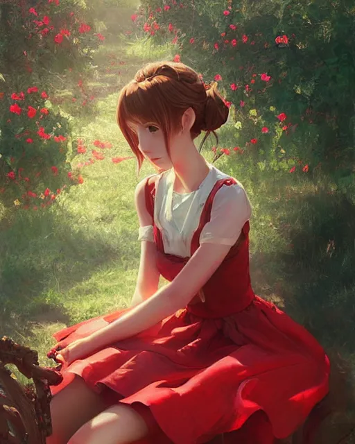 Image similar to aerith gainsborough in red cottagecore dress, portrait, illustration, rim light, top light, perfectly shaded, spring time, slight overcast lighting, soft painting, art by krenz cushart and wenjun lin