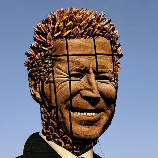 Prompt: a sculpture of joe biden made out of pinecones