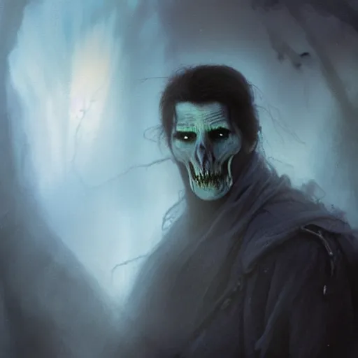 Image similar to head and shoulders portrait of a ghostly, shadowy, spectral wraith portrayed by tom cruise, d & d, fantasy, greg rutkowski, frank frazetta, alexandre chaudret, boris vallejo, michael whelan, miro petrov, hr giger, magali villeneuve, donato giancola