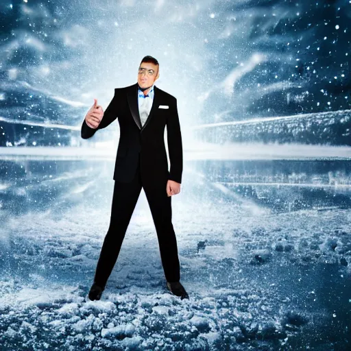 Image similar to full shot photograph of a man wearing a suit made of mirrors on a frozen lake, photorealistic photograph cinematic lighting intricate detailed 8 k resolution