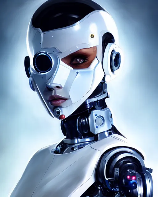 Image similar to beautiful female cyborg wearing cypherpunk clothing, white mask, cybernetic legs, detailed portrait, cell shaded, 4 k, vivid colours, concept art by wlop, ilya kuvshinov, artgerm, krenz cushart, greg rutkowski, pixiv. cinematic dramatic atmosphere, sharp focus, volumetric lighting, cinematic lighting, studio quality