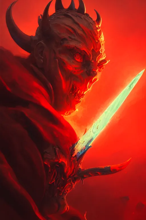 Image similar to ultra detailed close up portrait of devil holding a glowing red sword while laying on a ruined concrete bed, extremely detailed digital painting, in the style of fenghua zhong and ruan jia and jeremy lipking and peter mohrbacher, mystical colors, rim light, beautiful lighting, 8 k, stunning scene, raytracing, octane, trending on artstation