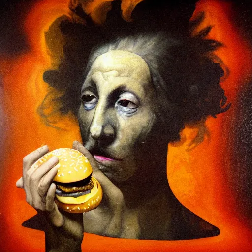 Image similar to mysterious portrait of sarah jesica parker emerging from the dark void eating burger, face partially melting like glitching out LSD effect, figure in the darkness of renaissance, serving big macs, Francisco Goya, painted by John Singer Sargant, Adrian Ghenie, style of Francis Bacon, highly detailed, 8k, trending on artstation