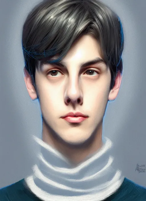 Image similar to portrait of teenage jughead jones wearing a light grey crown, crown, blue turtleneck, closed eyes, photorealistic, black hair, glowing lighting, intricate, elegant, glowing lights, highly detailed, digital painting, artstation, concept art, smooth, sharp focus, illustration, art by wlop, mars ravelo and greg rutkowski