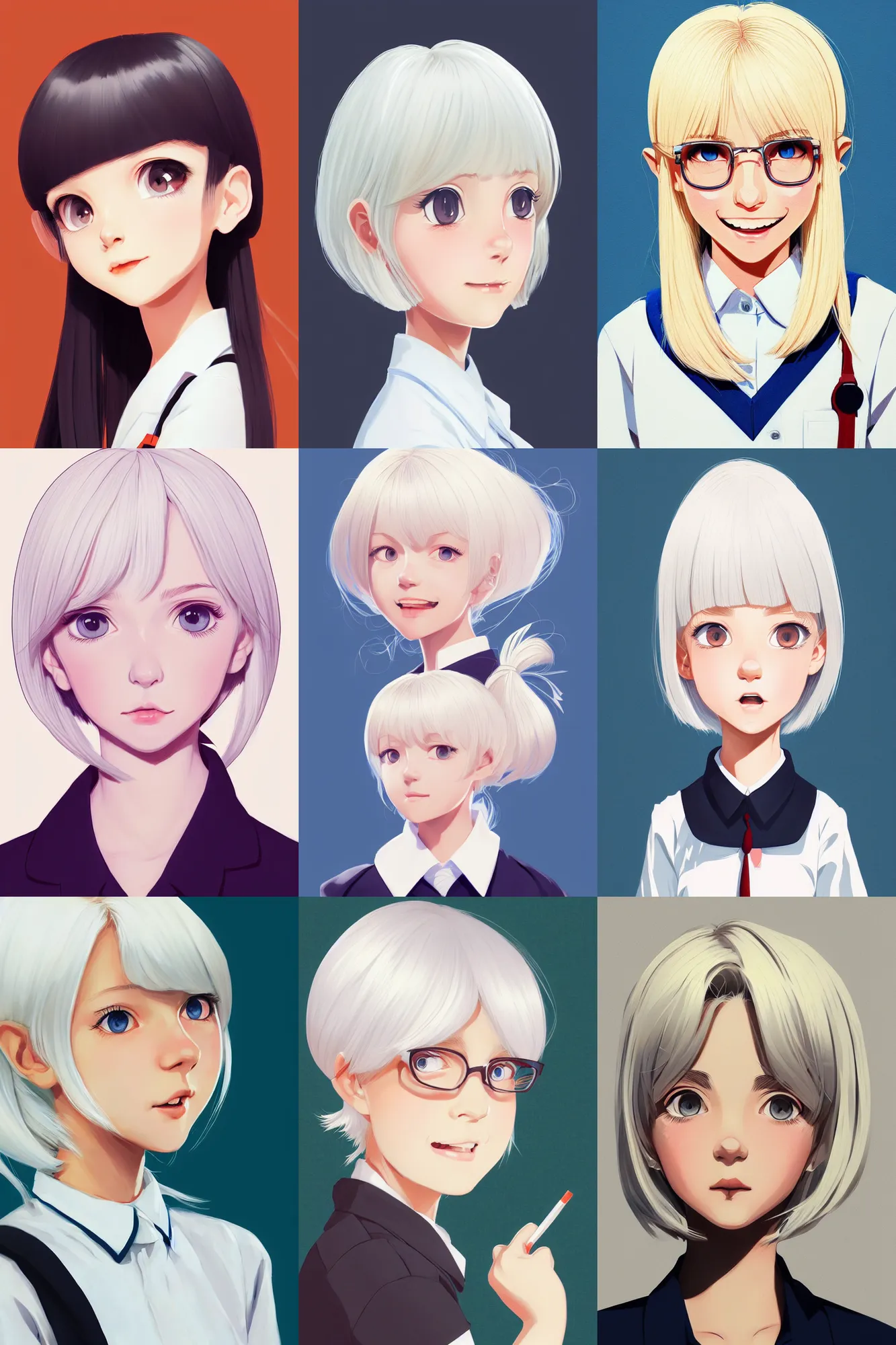 Image similar to a headshot of a very happy cute girl with shoulder - length white hair wearing school uniform, sharp focus, illustration, morandi color scheme, art station, high detailed, by ilya kuvshinov