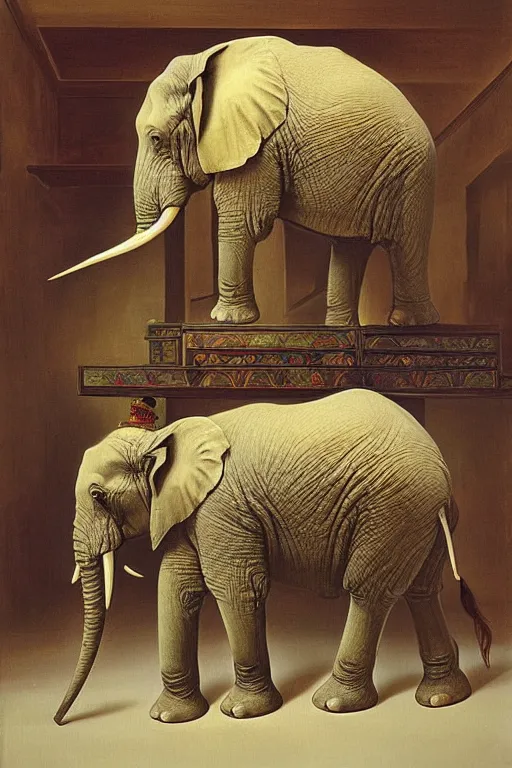 Prompt: one elephant in a porcelain shop, cgsociety, oil painting by dali