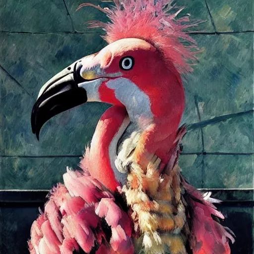 Prompt: shredded physique feathered tall neck beak Portrait of Samuel Beckett camouflaged as Flamingo whilst wearing a pink tuxedo Standing atop a Garbage Truck Greg Rutkowski Lucian Freud Paul Cezanne antonio donghi Jamie Wyeth