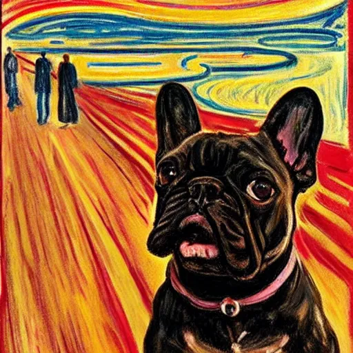 Prompt: french bulldog as the scream by edvard munch