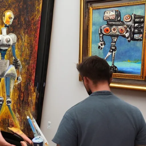 Prompt: a robot stood next to a painting which he is creating, painting on a canvas, highly detailed, dramatic, award winning