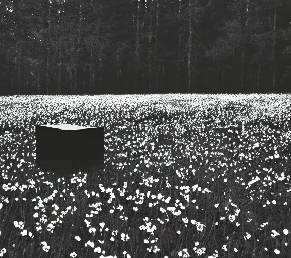 Image similar to black box on the field flowers, by Andrei Tarkovsky, mist, forest, lomography photo effect, monochrome, 35 mm