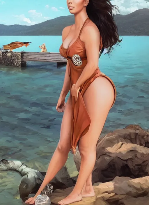 Prompt: candid photo of kim kardashian wearing a hooters outfit, sat by a lake, intricate, elegant, highly detailed, digital photo, artstation, concept art, smooth, sharp focus, illustration, art by artgerm and greg rutkowski and alphonse mucha