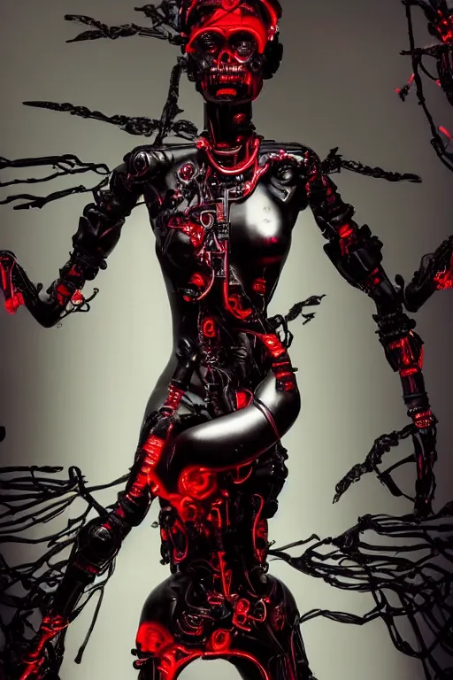 Image similar to full-body cyberpunk style sculpture of a young beautiful dark priestess, half android with a head opening exposing circuitry, glowing red eyes, black roses, flowing blood-red colored silk, fabric, candles. baroque elements, human skull. full-length view. baroque element. intricate artwork by caravaggio. crows flying in background. Trending on artstation, octane render, cinematic lighting from the right, hyper realism, octane render, 8k, depth of field, 3D