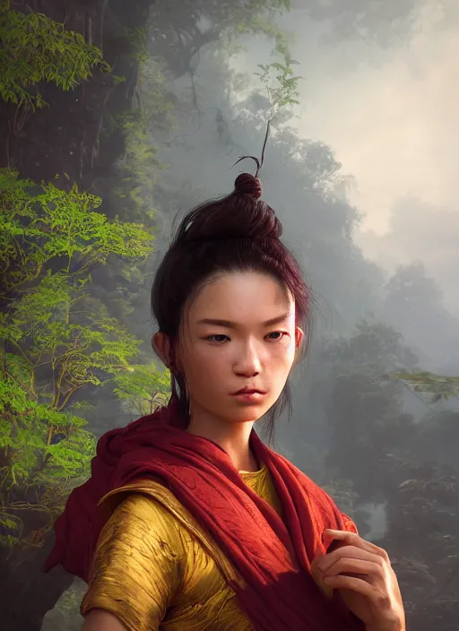 Prompt: Beautiful art portrait of a female fantasy monk martial arts expert in a bright temple surrounded by lush forest, atmospheric lighting, intricate detail, cgsociety, hyperrealistic, octane render, RPG portrait, ambient light, dynamic lighting