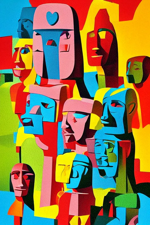 Image similar to cubist moai statue cutout digital illustration cartoon colorful beeple