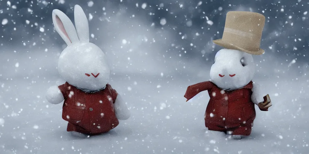 Prompt: white rabbit wearing a fedora chilling in the snow, digital art, realistic, 4K