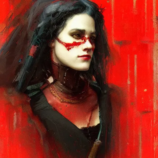 Prompt: Solomon Joseph Solomon and Richard Schmid and Jeremy Lipking victorian genre painting portrait painting of a young beautiful woman retro noir cyberpunk future hacker punk rock in fantasy costume, red background