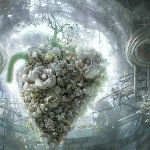 Image similar to biocomputer heart with white biocomputer flowers and biomechanical flowers, intricate environment, matte painting, diffused lighting, highly detailed cinematic, epic composition, highly detailed, atmospheric, wide angle, artstation trending