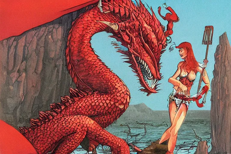 Image similar to red scaled dragon mascot for a fish restaurant by larry elmore and vincent di fate