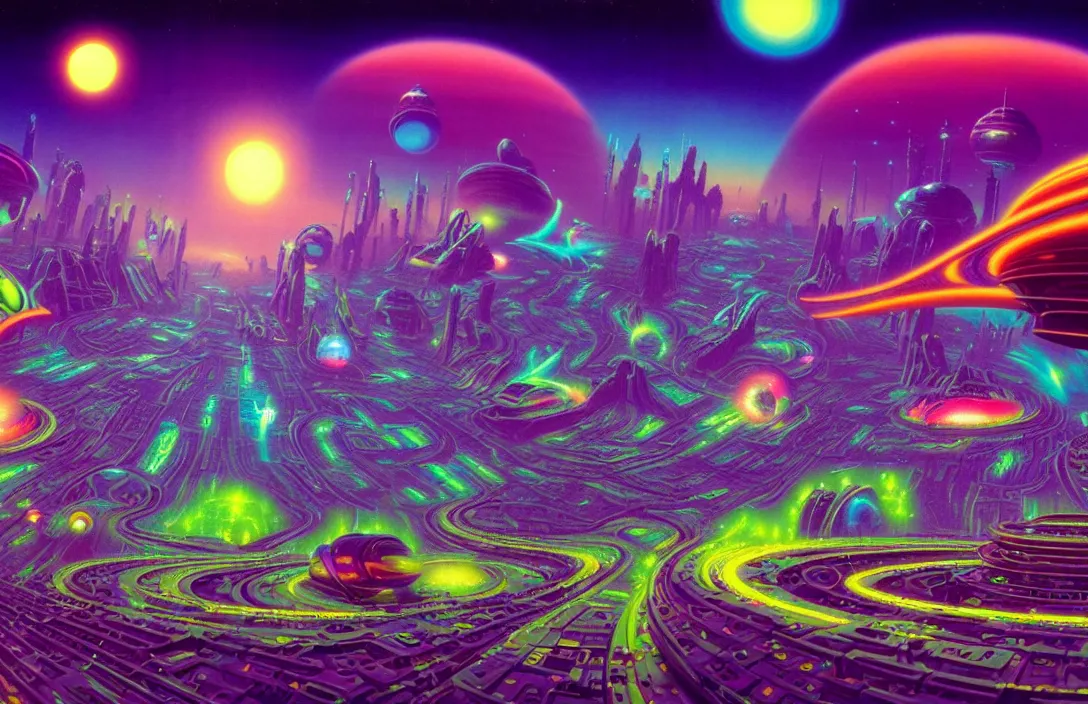 Image similar to cosmic sci - fi exo citys, infinite psychedelic waves, synthwave, bright neon colors, highly detailed, cinematic, panoramic, tim white, michael whelan, roger dean, bob eggleton, lisa frank, vladimir kush, kubrick, james gurney, giger