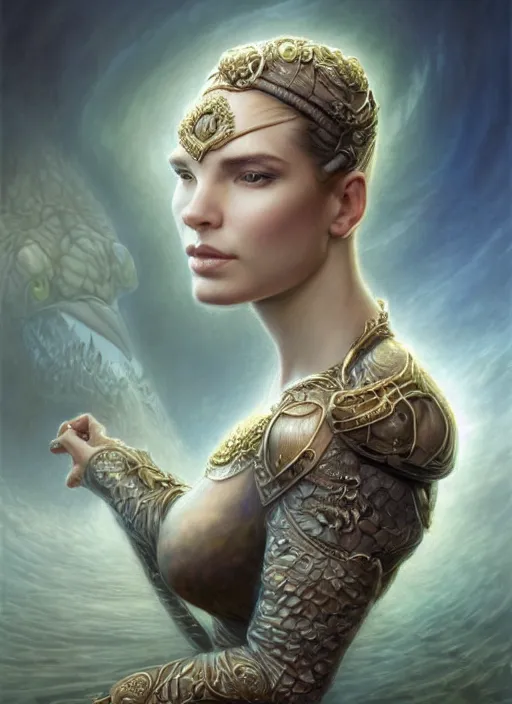 Image similar to portrait shot of attractive atlantian princess, realistic, professionally, professionally color graded, intricate, elegant, highly detailed, centered, digital painting, artstation, concept art, smooth, sharp focus, illustration, artgerm, tomasz alen kopera, peter mohrbacher, donato giancola, mucha, joseph christian leyendecker, wlop, boris vallejo