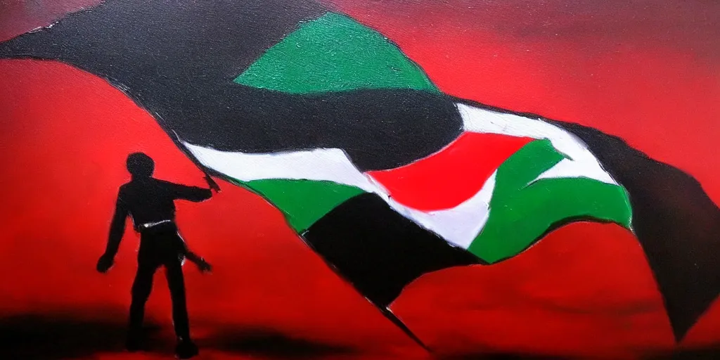 Image similar to dramatic dark oil painting of freedom for palestine, red green white black