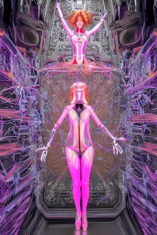 Image similar to full-body baroque and bladerunner style pink neon and chrome statue of a beautiful pale priestess robot goddess humanoid wearing a see-through silk kimono, posing like a falling model, suspended from the ceiling with wire cables, glowing peach face, street hoody of red steampunk lasers, emeralds, swirling silver silk fabric. futuristic elements. oozing glowing liquid, full-length view. space robots. human skulls. throne made of bones, intricate artwork by caravaggio. Trending on artstation, octane render, cinematic lighting from the right, hyper realism, octane render, 8k, depth of field, 3D