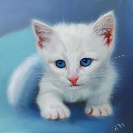 Prompt: painting of cute white kitten with blue eyes