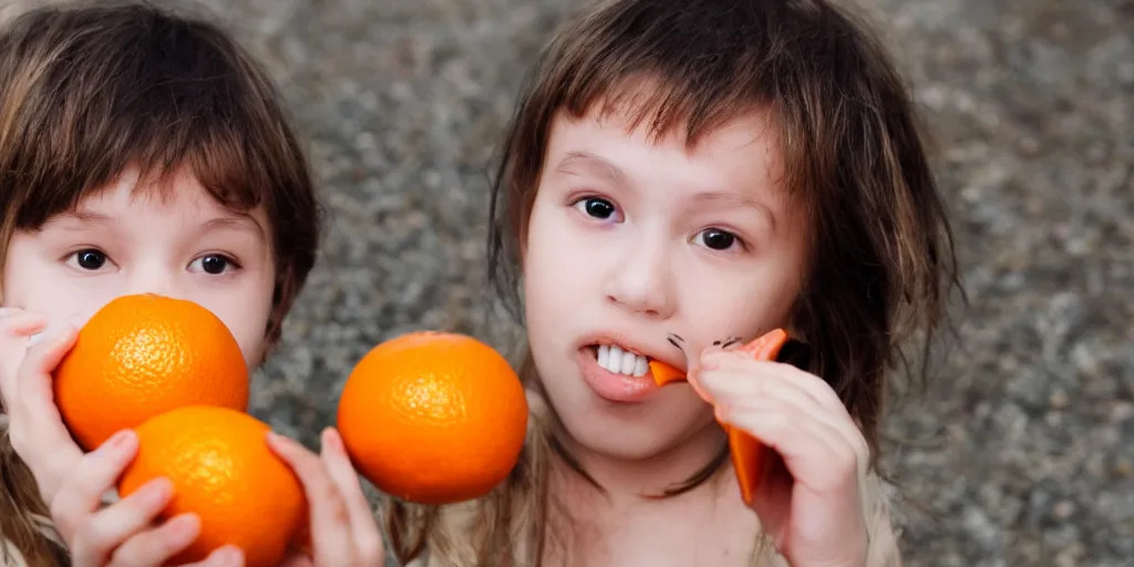 Image similar to angel eating an orange, sharp focus, clear, hd, 4 k