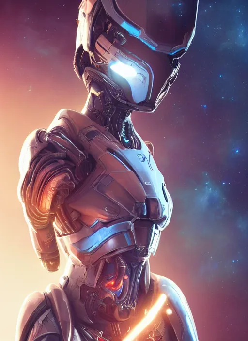 Image similar to photo of a cyborg girl on a space ship, warframe armor, beautiful face, scifi, nebula reflections, stars, professionally color graded, sharp focus, 8 k high definition, insanely detailed, intricate, innocent, art by stanley lau and artgerm