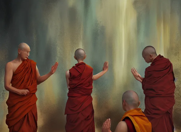 Prompt: buddhist monks dispelling evil spirits with the power of prayer, digital painting masterpiece, trending on artstation and pixiv