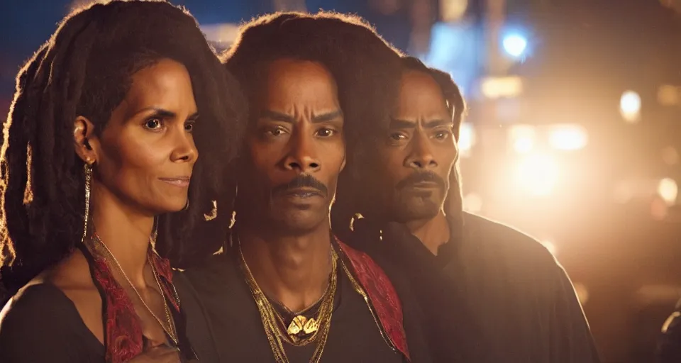 Prompt: first image afrofuturistic heist movie starring halle berry, snoop dogg and chris rock, sundance official selection. shot on the las vegas strip with alexa mini, stunning cinematography, golden hour, filmgrain.