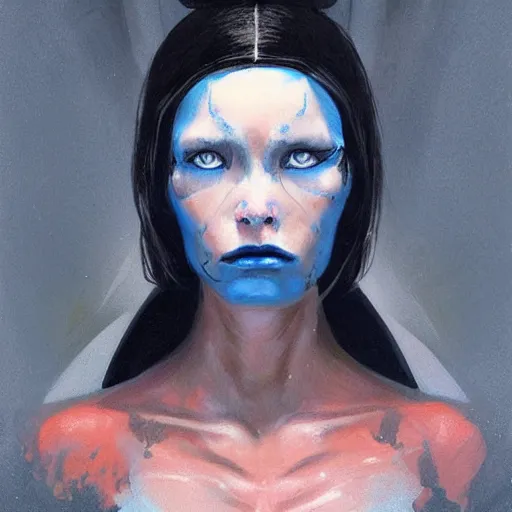 Prompt: portrait of an alien woman by Greg Rutkowski, blue skin, red eyes, black hair with two strand around her face, authority figure, secretary general of the galactic alliance, wearing black uniform, Star Wars Expanded Universe, highly detailed portrait, digital painting, artstation, concept art, smooth, sharp foccus ilustration, Artstation HQ