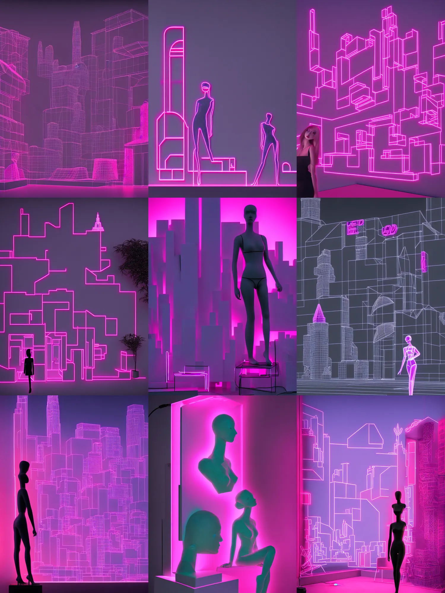 Prompt: beautiful mannequin sculpted out of black glass by billelis + lit with 3 d geometric neon + city of los angeles in background!, a doorway opening with neon pink geometric light + flowering bonsai plants!!, transcendent, clean linework, hyper detailed, 4 k, trending on artstation, photorealistic, rule of thirds, volumetric lighting, octane render