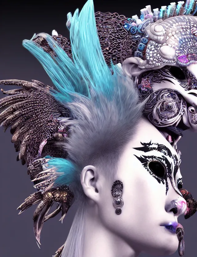 Image similar to 3 d photo realistic goddess close - up profile portrait punk with mohawk with ram skull. beautiful intricately detailed japanese crow kitsune mask and clasical japanese kimono. betta fish, jellyfish phoenix, bio luminescent, plasma, ice, water, wind, creature, artwork by tooth wu and wlop and beeple and greg rutkowski