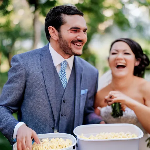 Prompt: a man smiling brings a tupperware of macaroni to a wedding