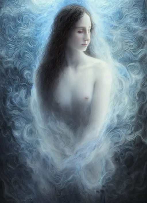 Image similar to Her huge ominous glowing blue eyes staring into my soul , perfect eyes, soft pale white skin, intricate stunning highly detailed, agostino arrivabene, WLOP, twisted dark lucid dream, 8k portrait render, raven wings, swirling thick smoke , beautiful lighting, dark fantasy art, cgsociety