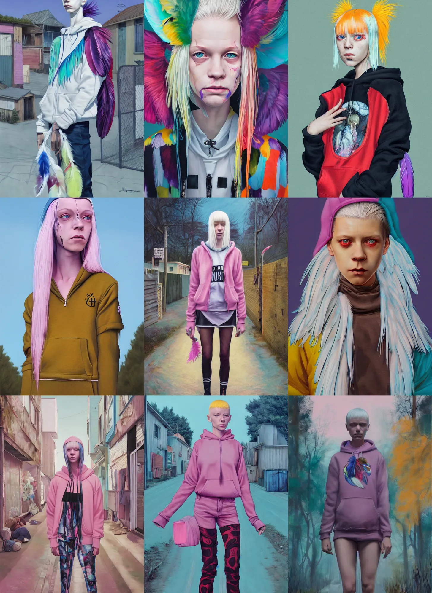 Prompt: still from music video of hunter schafer from die antwoord standing in a township street, wearing a hoodie and feathers, street clothes, full figure portrait painting by martine johanna, ilya kuvshinov, rossdraws, pastel color palette, 2 4 mm lens