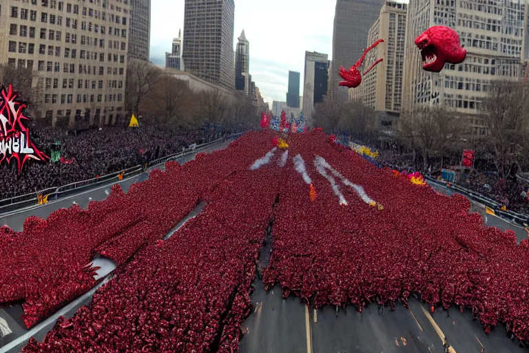 Prompt: photo of giant horrific death metal elaborate parade with float characters designed by ( ( ( ( ( ( ( ( death metal bands ) ) ) ) ) ) ) ) and heavy metal!!!!!!!!!!!!!!, in the macys parade, detailed 4 k photo,