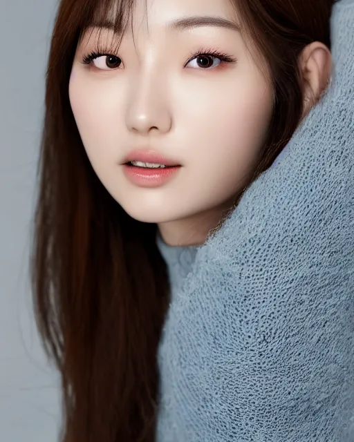 Image similar to Park shin-hye korean woman, portrait photo of a beautiful south korean woman, female model, soft smile, closed mouth showing no teeth, soft bright skin, brown hair, deep brown eyes, modern south korean makeup, soft makeup, studio lighting, solid white background, hyperrealistic, 8k, artstation, professional photo