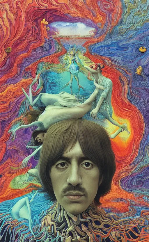 Image similar to ultrawide angle colour masterpiece surreal closeup portrait photography of the beatles by miho hirano and annie leibovitz and michael cheval, weird surreal epic psychedelic complex biomorphic 3 d fractal landscape in background by kilian eng and roger dean and salvador dali and beksinski, 8 k