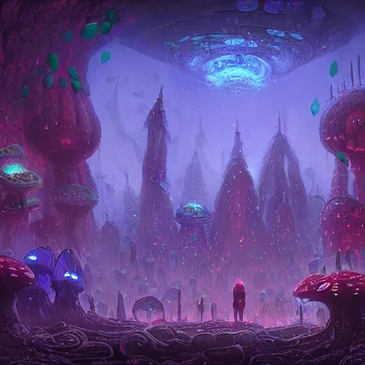 Image similar to concept art detailed painting of a dark purple fungal fairytale city made of mushrooms, with glowing blue lights, in the style of jordan grimmer and neil blevins and wayne barlowe