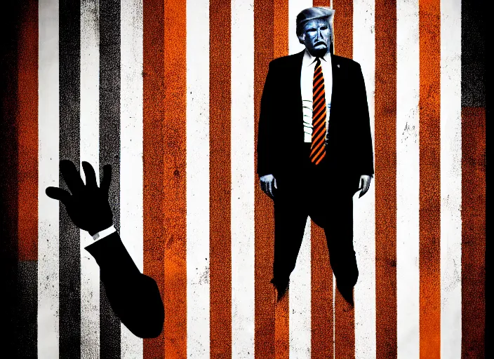 Image similar to Trump in striped prison outfit handcuffed, Mads Berg, Karolis Strautniekas,stippled light, dramatic lighting,fine texutre, editorial illustration,matte print, film noir, dark blue+dark orange+orange+beige+black+white,dynamic composition,moody