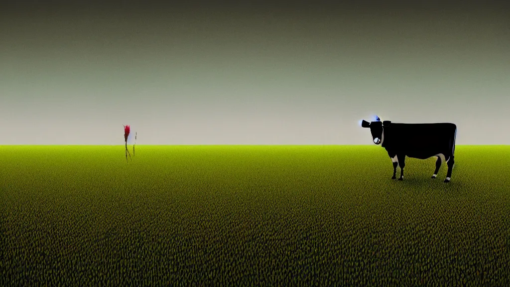 Image similar to cow pasture in saitama japan, a collage painting, in the style of wes anderson, lola dupre, david hockney, isolated on negative white space background dark monochrome neon fluorescent spraypaint accents volumetric octane render