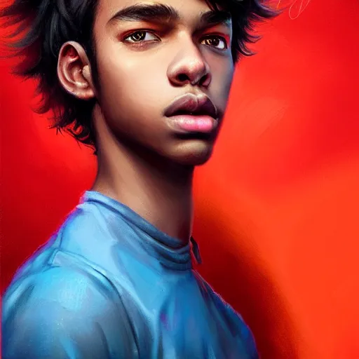 Image similar to colorful and festive captivating teenager with straight brown hair covering his eye, dark skin, big lips, big eyes, wearing a red t - shirt. rich vivid colors, ambient lighting, dynamic lighting, 4 k, atmospheric lighting, painted, intricate, highly detailed by charlie bowater