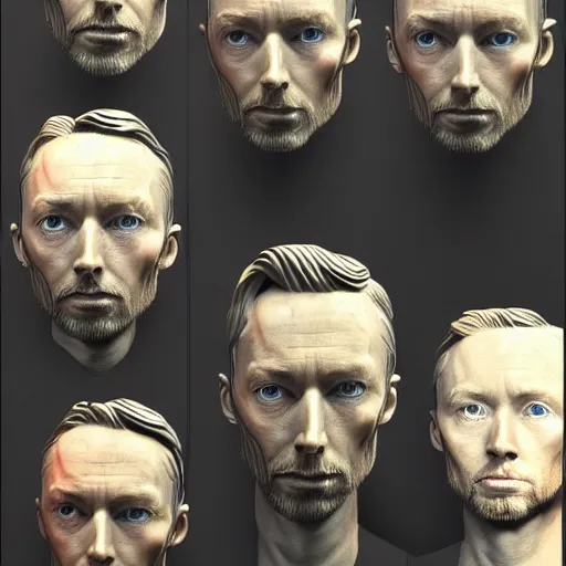 Image similar to collages, hyper realistic, many variations portrait of very old thom yorke, face variations, singer statue of ultron by jama jurabaev, very long shot, trending on artstation, high quality, brush stroke, for aaa game,