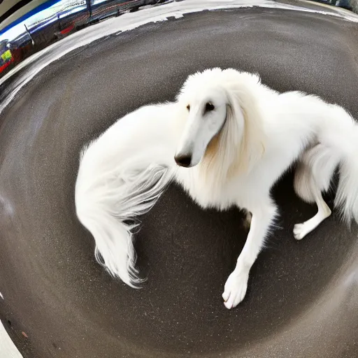 Prompt: fisheye lens photo of a borzoi